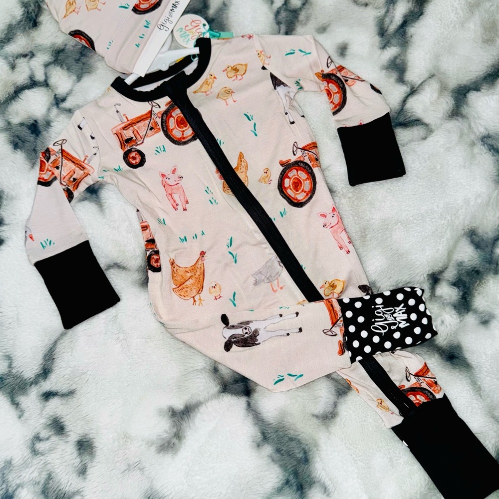 Farm Animal Print Infant One-Piece Bodysuit in Light Pink with Black Trim